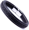 Elegant Black Cuff Genuine Leather Bracelet for Men with Elegant 316L Stainless Steel Clasp